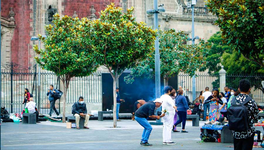 View of people in the Day of the Dead Festivities in the Zocalo