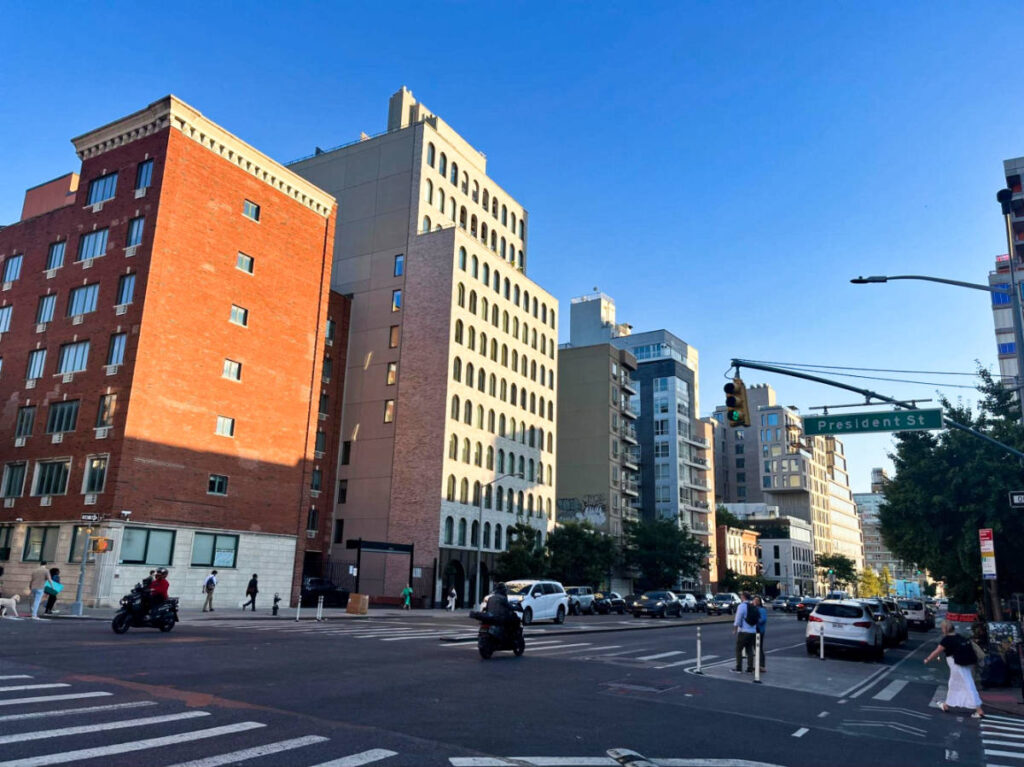 View of the buildings and the bustling intersection of President Street