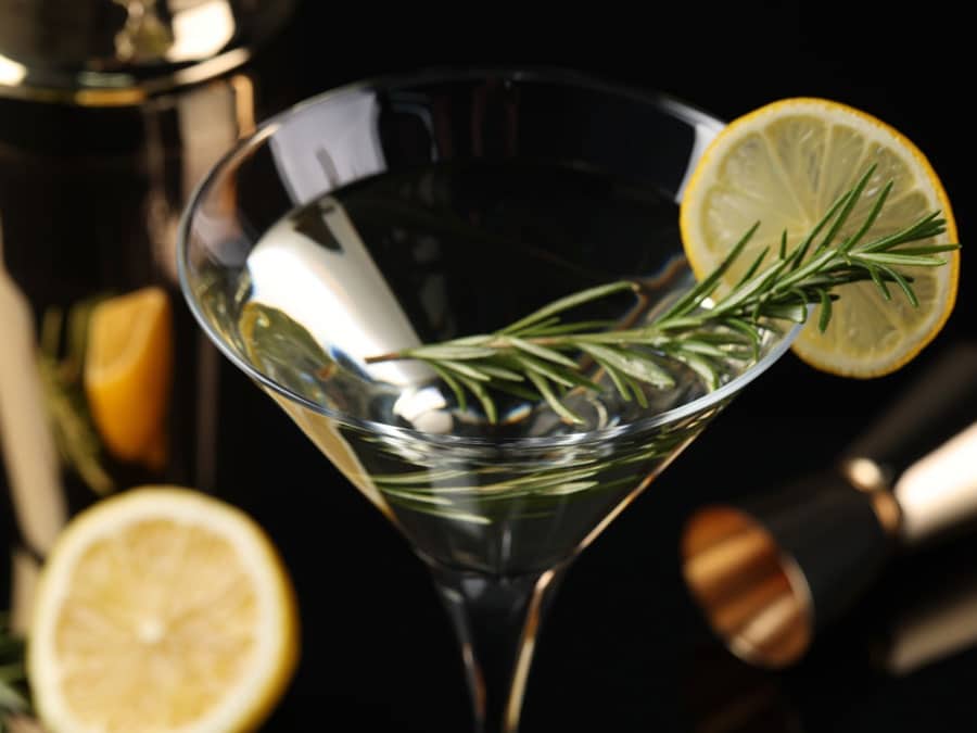 A glass of cocktail with lemon slice and rosemary