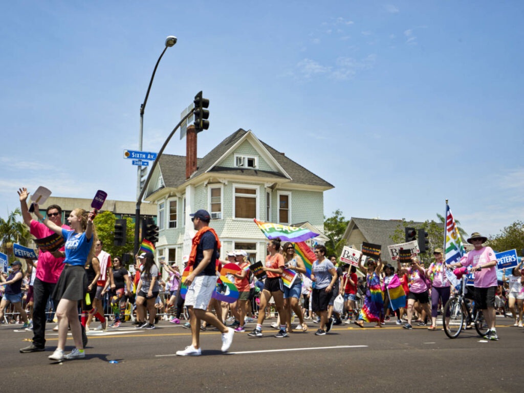 View of the Pride Parade along the street in Hillcrest
