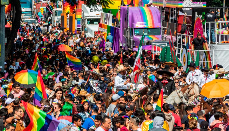 View of people during a Pride Parade on Reforma Avenue