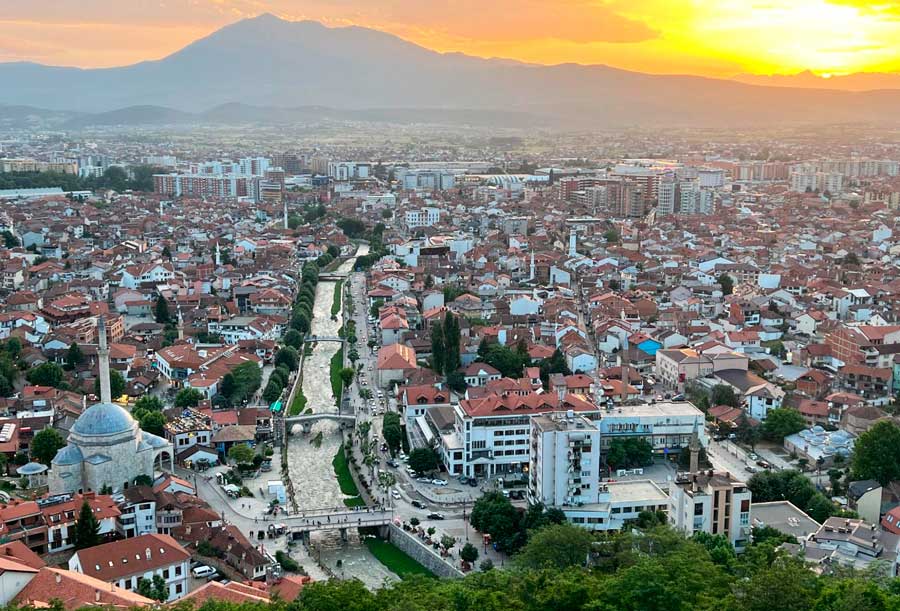 Aerial view of Prizren, Kosovo during sunset