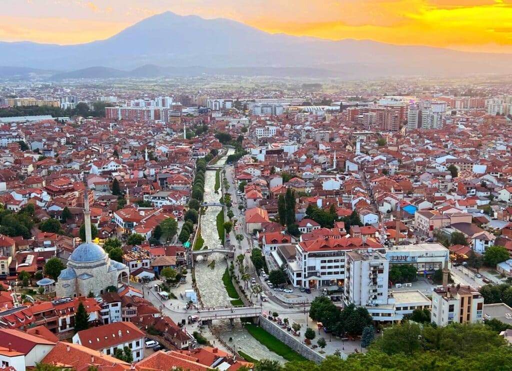 Overlooking view of the Prizren town in Kosovo at sunset