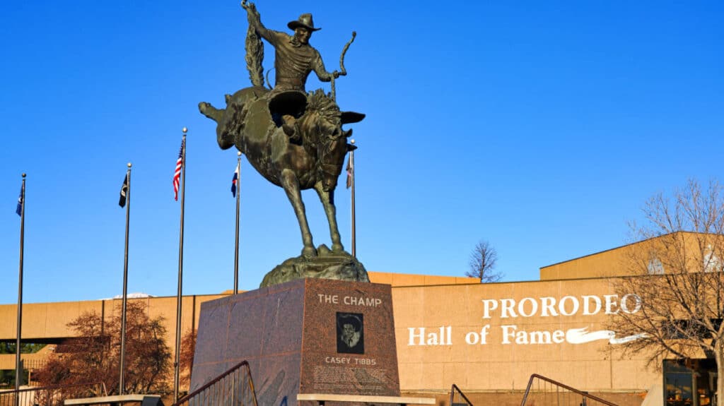 View of the cowboy sculpture at the entrance of ProRodeo Hall of Fame and Museum of the American Cowboy