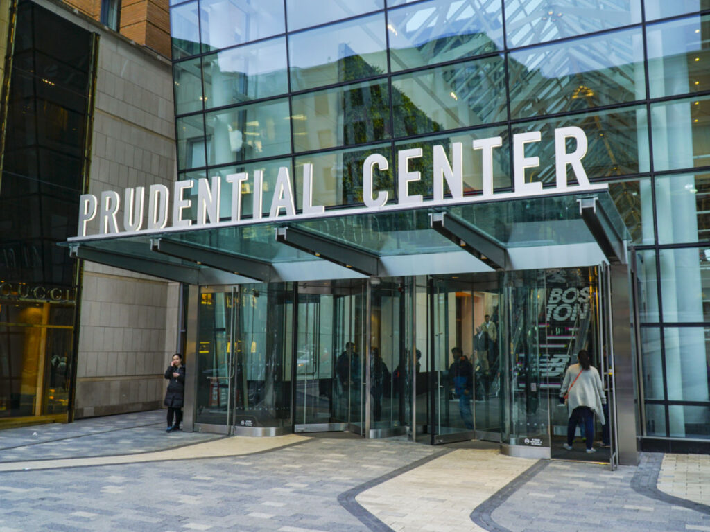 People entering and exiting the Prudential Center
