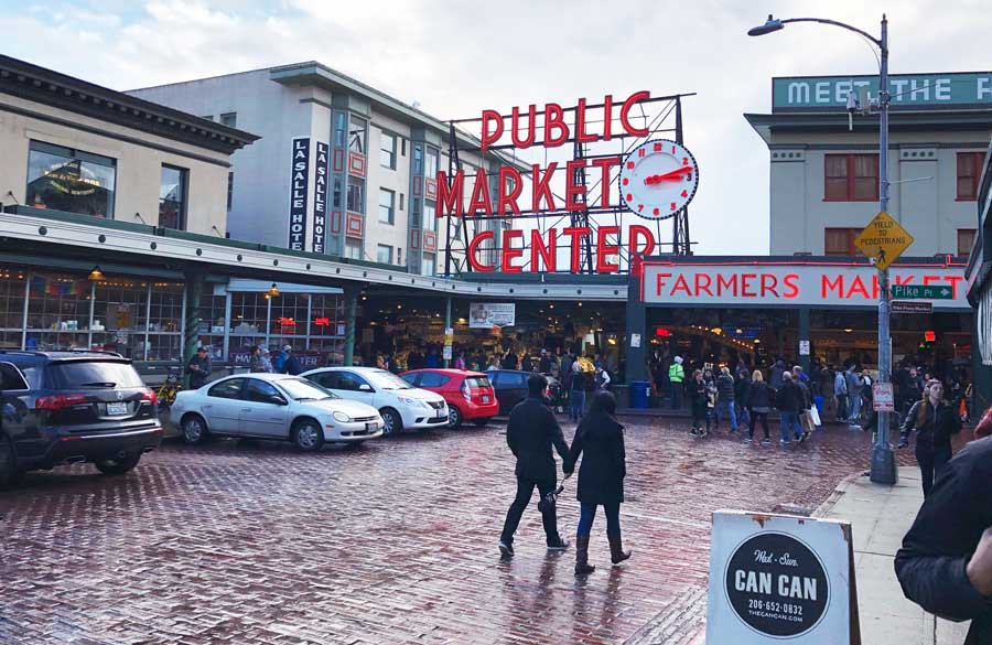 View of people in Public Market Center in Seattle