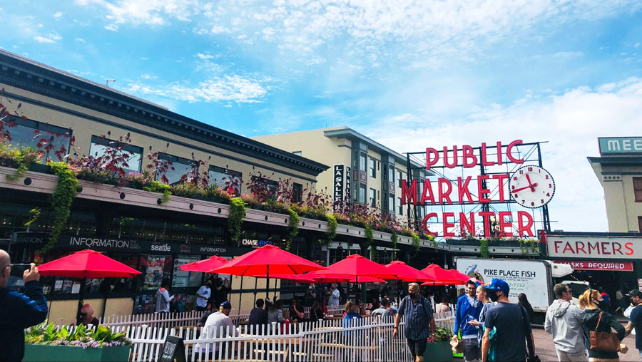 View of people in the public market center of Washington State