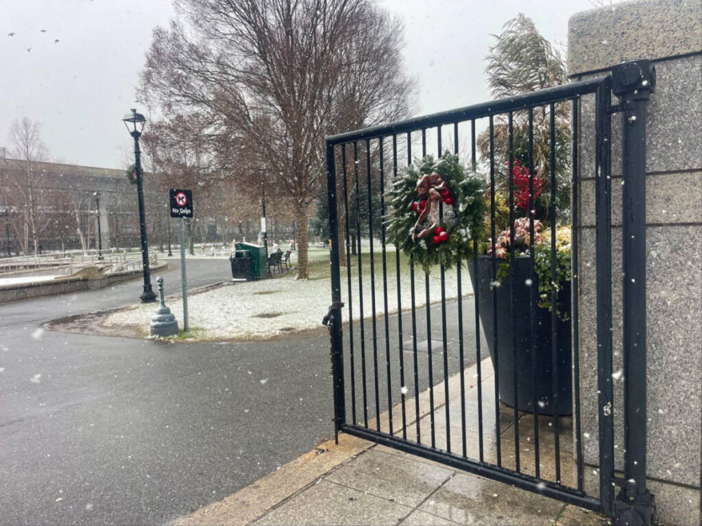 Entrance to the Public park in Boston on a snow day