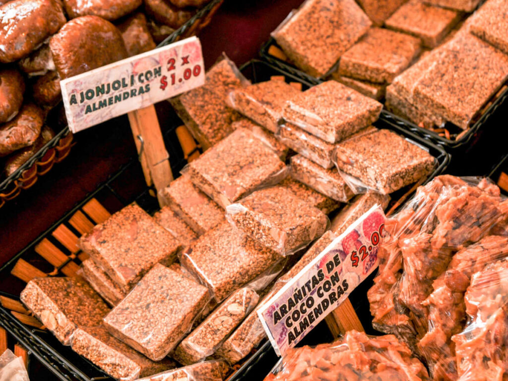 Closeup look of the displayed local candies and cookies in Puerto Rico market