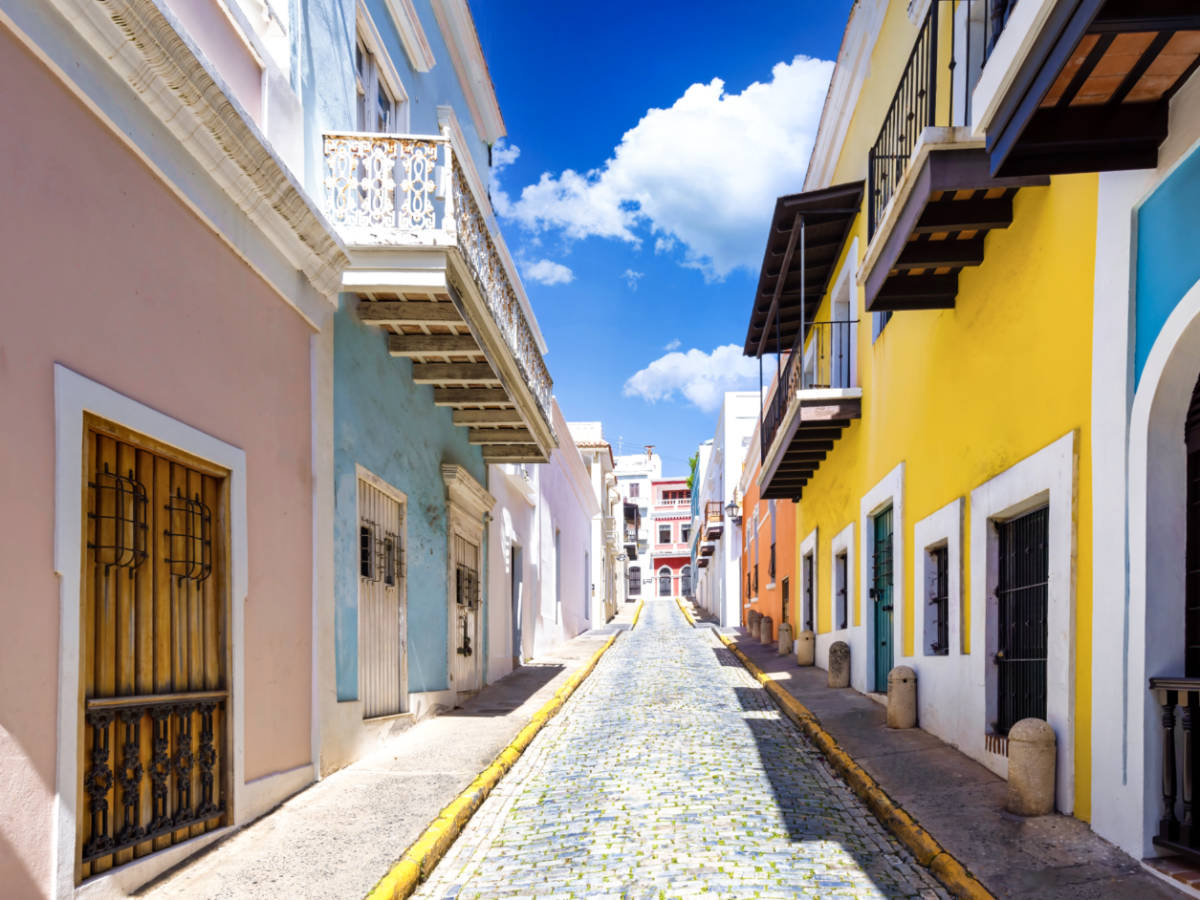 View of the empty street surrounded by colorful colonial architecture in Old San Juan