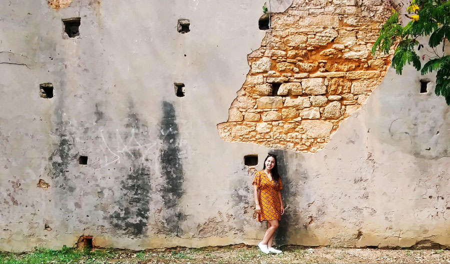 The author posing for a picture in a giant wall