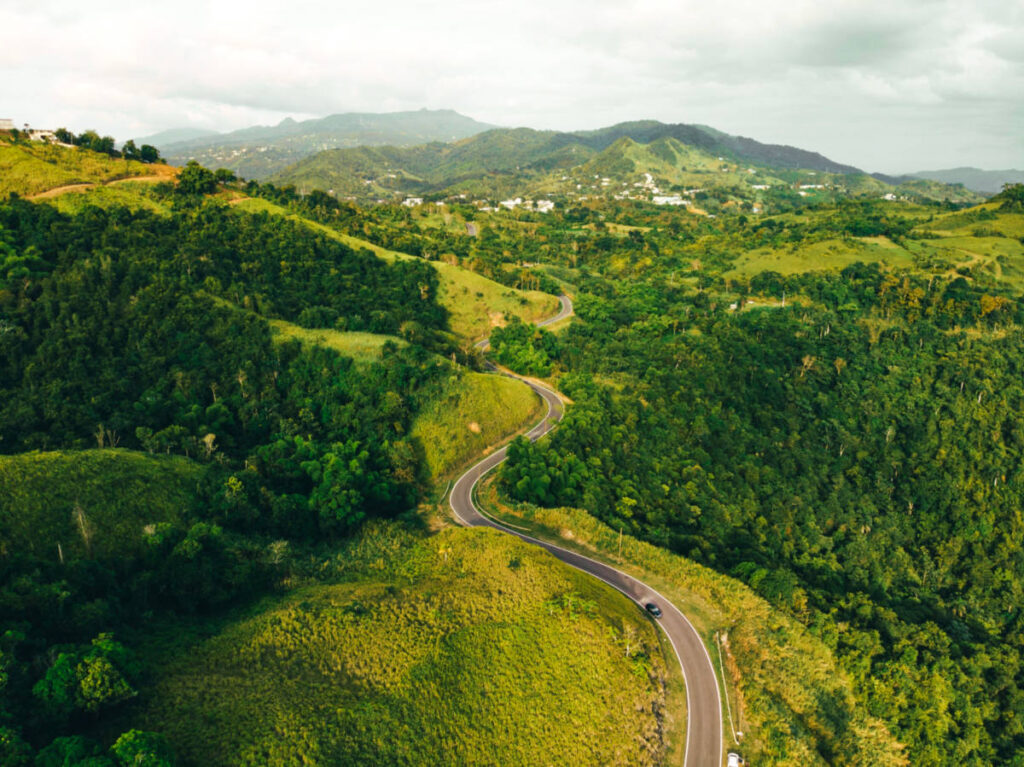 Aerial view of the challenging mountain road surrounded by a lush greenery