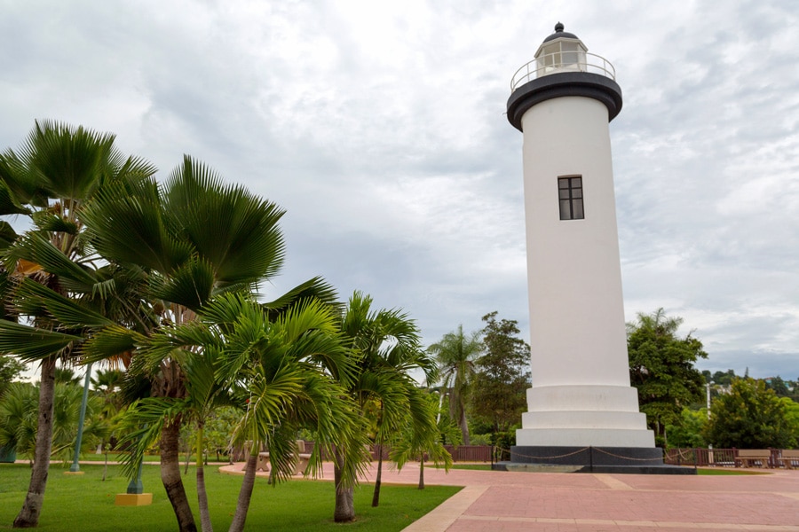 View of the white lighthouse in Lighthouse Park in Rincon