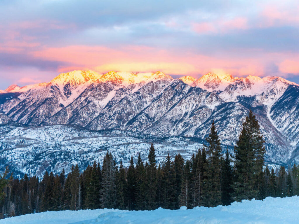 View of snowy mountain during sunset from Purgatory Resort
