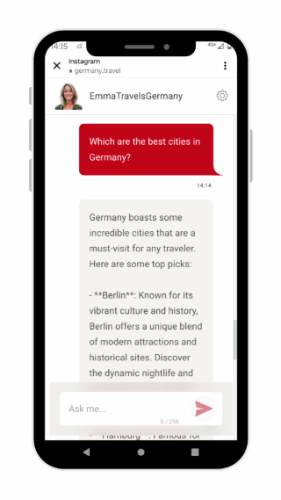 A phone screen showing a question asked to the AI travel influencer
