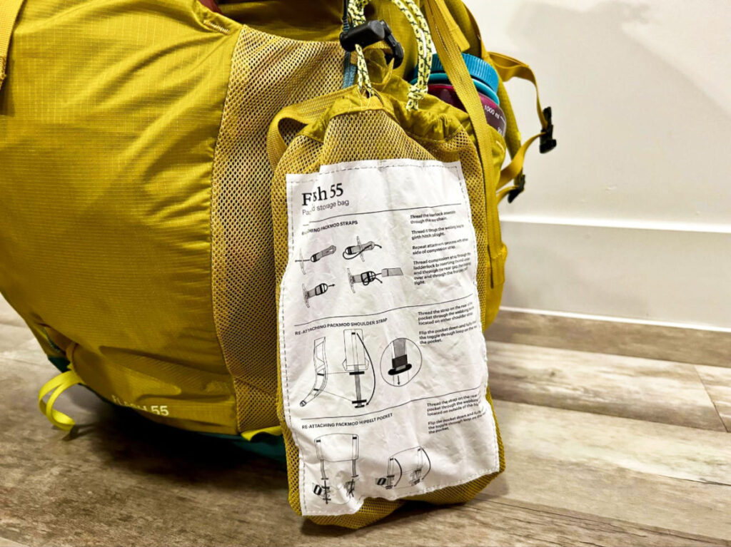 A mesh drawstring attached outside the backpack