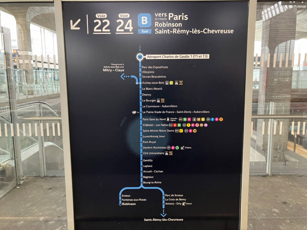 A signage for the RER B line stops