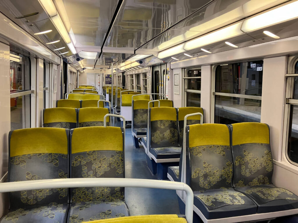 View of seats from the inside of RER train