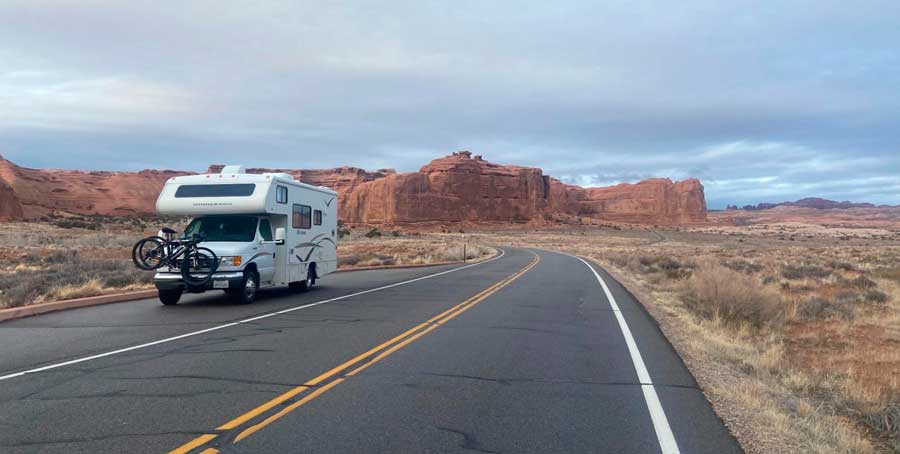 An RV on its way to the Arches National Park Campground