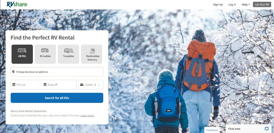 The user interface of RVshare homepage with a parent and child's back on winter