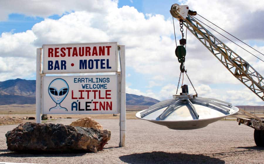 View of the signage of restaurant, bar, and motel near Area 51