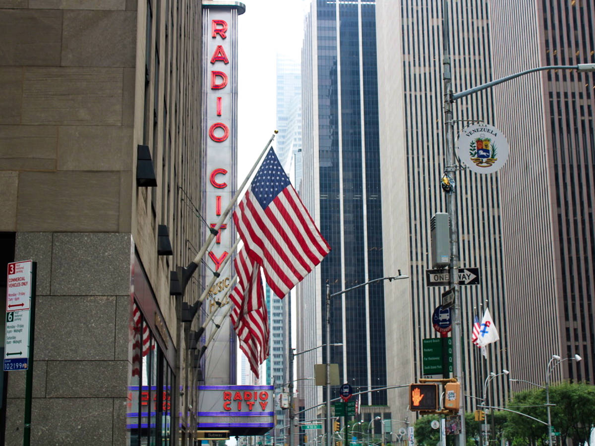 View of the US flag lined at the entrance of Radio City Music Hall