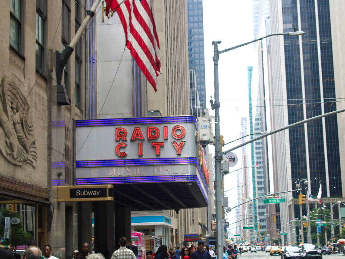 View of the signage of Radio City Music Hall at the entrance