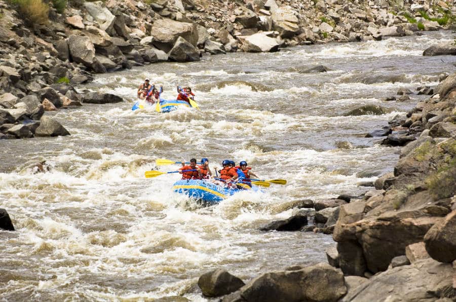 View of the rafters enjoying the strong water of Arkansas River