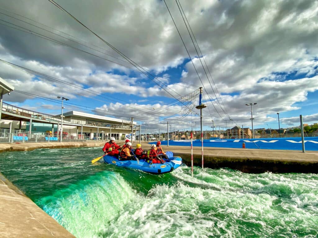 View of the rafters on a inflatable at the National White Water Centre
