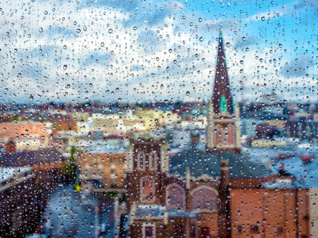 View of downtown Seattle from the rain-speckled window