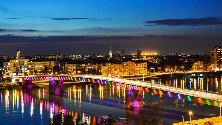 View of the colorful rainbow bridge in Novi Sad at night
