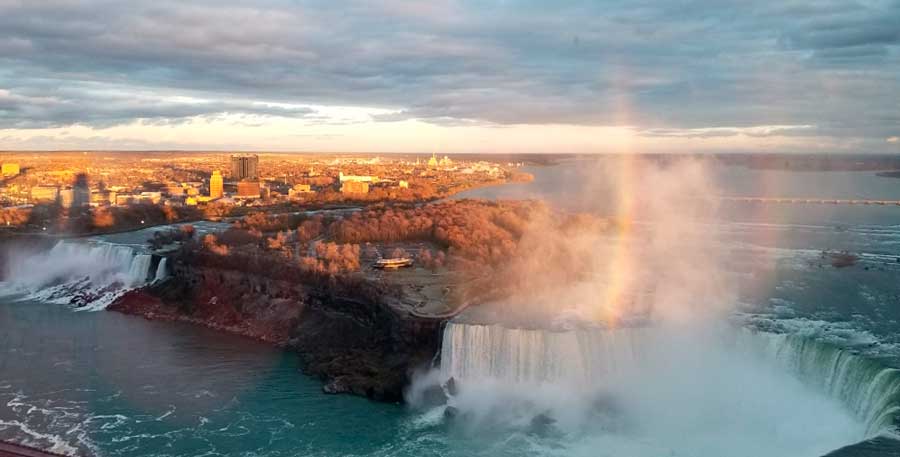 Aerial view of a rainbow over the Niagara Falls