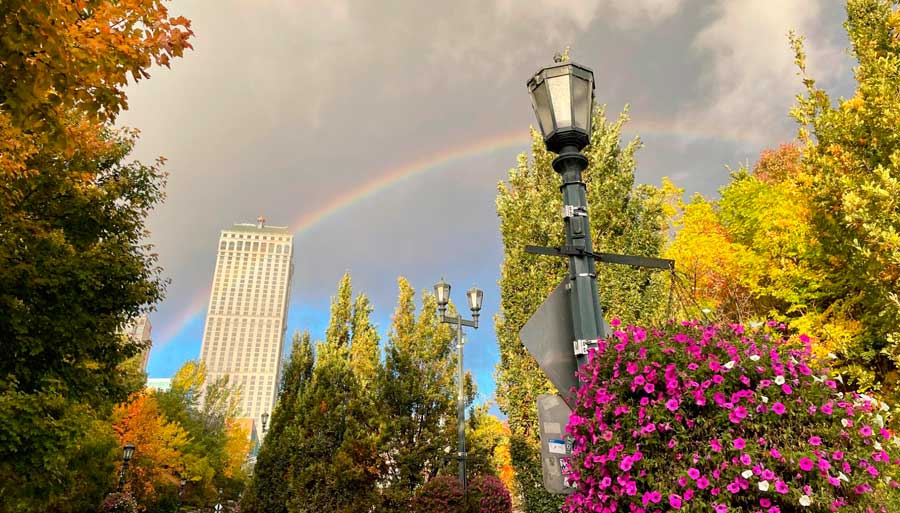 View of a colorful rainbow over the Niagara Falls