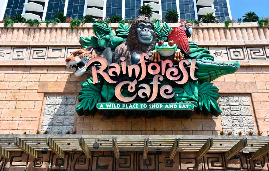 View of the Rainforest Cafe sign on the entrance