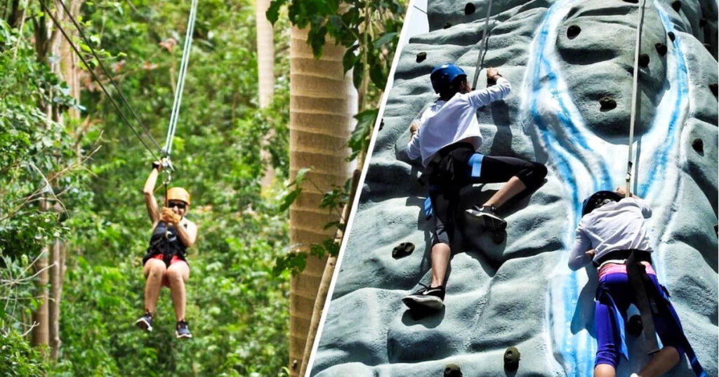 A woman ziplining on the rainforest and the two boys rock climbing