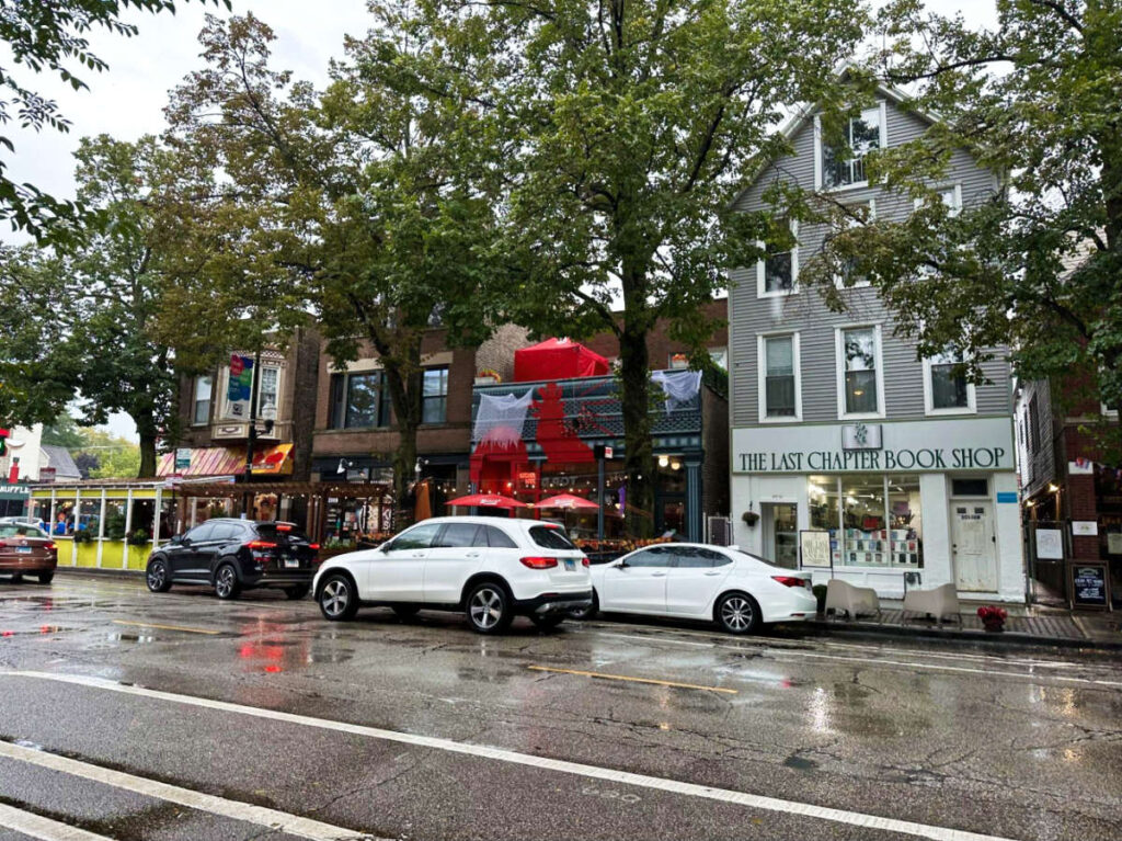 View of the shops and the parked cars along the W Roscoe Street on a rainy day