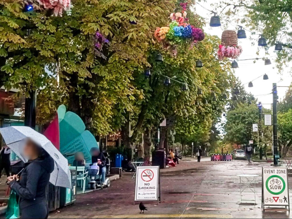 View of the people with umbrella in the street of Vancouver on a rainy day