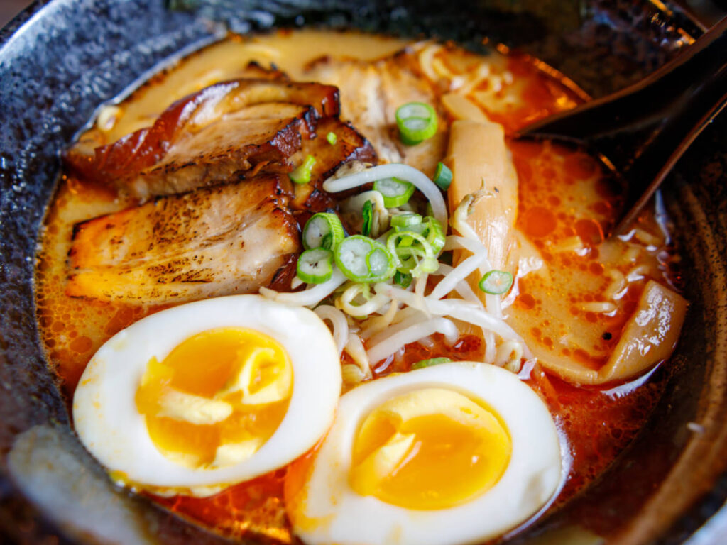 Close up view of a bowl of ramen served in Domu