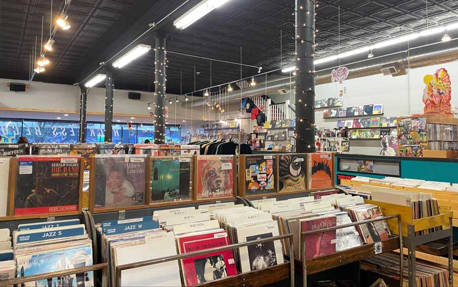 Vinyl displayed inside the Reckless Records