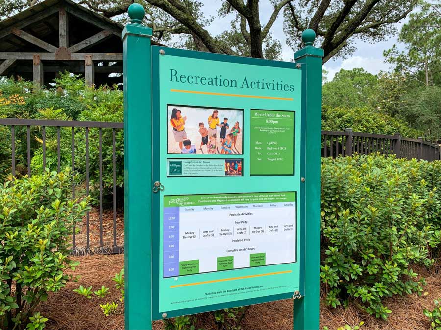 An information board of Recreation Activities in Disney World