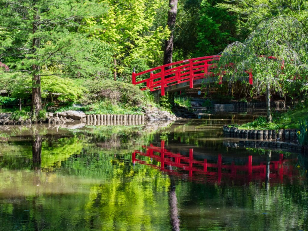 View of the red Meyer Bridge reflecting on the water at Sarah P. Duke Gardens