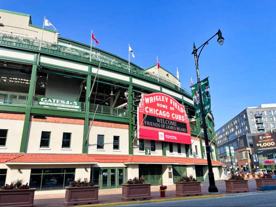 View of the iconic red marquee in Wrigley Field’s