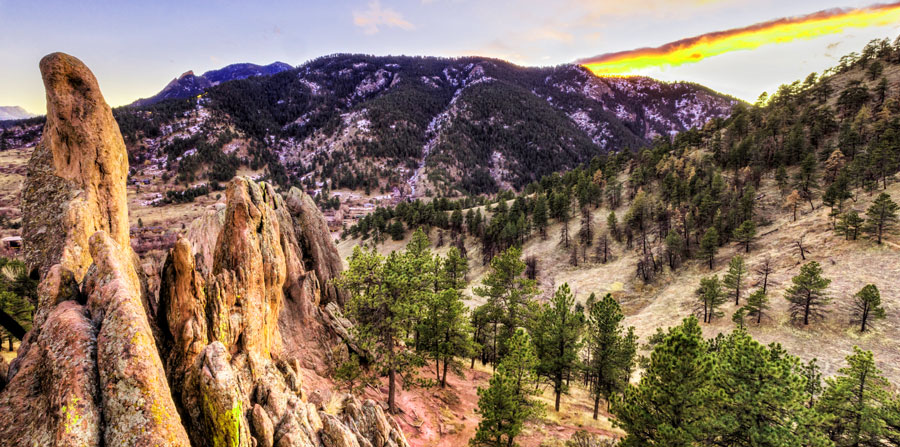 View of Flagstaff Mountain and the sunset behind it