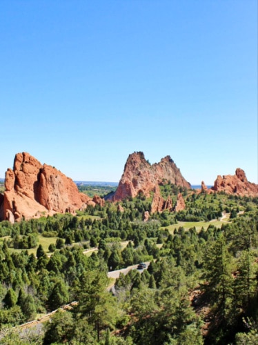 Scenic view of the red rock formations at Garden of the Gods on a sunny day