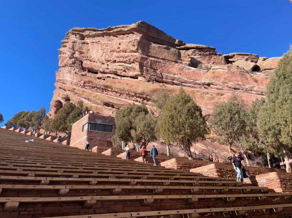 Clear blue sky over the Red Rocks Amphitheatre during a sunny day
