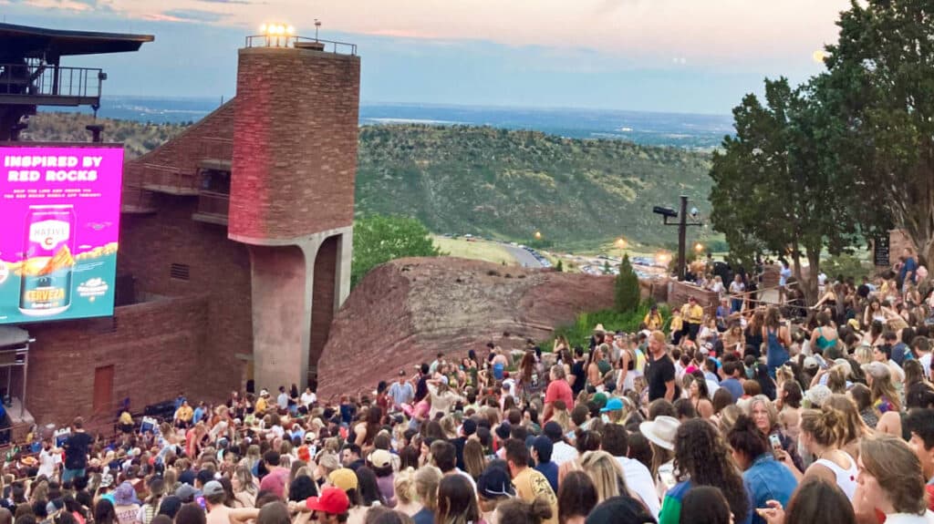 Scenic view from the crowded evening concert in Red Rocks Park & Amphitheatre