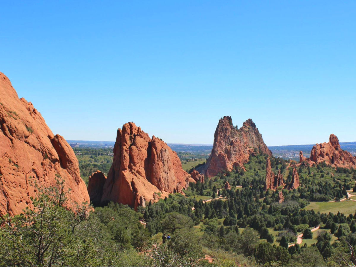 Scenic view of the red rock formations in the Garden of the Gods