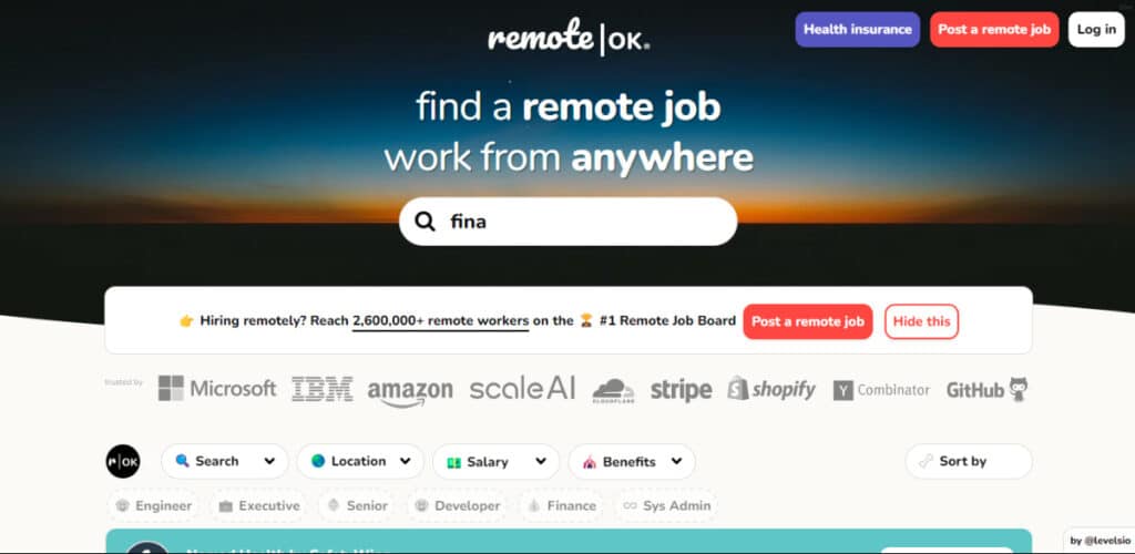 View of the homepage of Remote OK