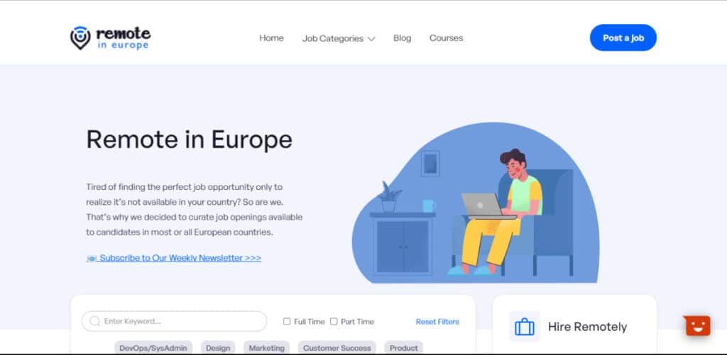 View of the homepage of Remote in Europe