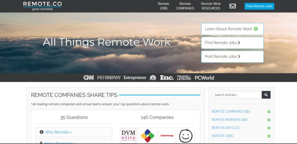 View of the homepage of Remote.co